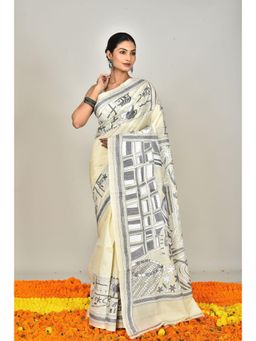 Ramshyam Collection - Womens Kantha Silk Embroidered Thread Work Cream Saree with Unstitched Blouse