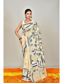 Ramshyam Collection - Womens Kantha Silk Embroidered Thread Work Cream Saree with Unstitched Blouse