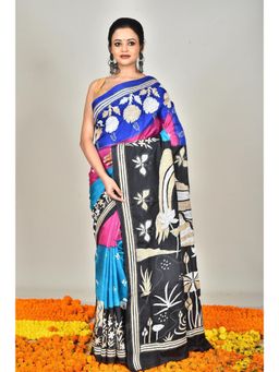 Ramshyam Collection - Womens Kantha Silk Thread Work Multi-Color Saree with Unstitched Blouse
