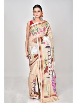 Ramshyam Collection - Womens Kantha Silk Embroidered Thread Work Beige Saree with Unstitched Blouse