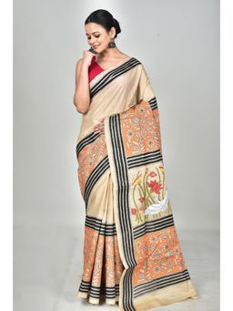 Ramshyam Collection - Womens Kantha Silk Printed Beige Saree with Unstitched Blouse