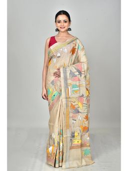 Ramshyam Collection - Womens Kantha Silk Printed Beige Saree with Unstitched Blouse