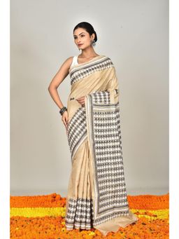 Ramshyam Collection - Womens Kantha Silk Embroidered Thread Work Beige Saree with Unstitched Blouse