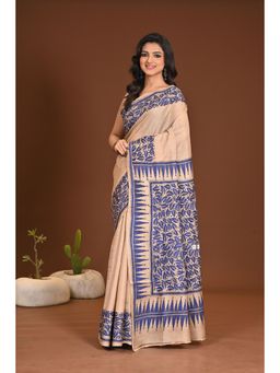 Ramshyam Collection - Womens Tussar Silk Printed Beige Saree with Unstitched Blouse