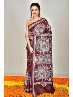 Ramshyam Collection - Womens Kantha Silk Embroidered Thread Work Wine Saree with Unstitched Blouse