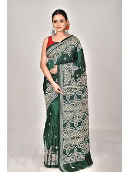 Ramshyam Collection - Womens Kantha Silk Printed Green Saree with Unstitched Blouse
