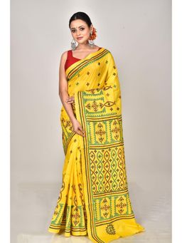 Ramshyam Collection - Womens Kantha Silk Printed Yellow Saree with Unstitched Blouse