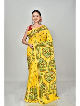 Ramshyam Collection - Womens Kantha Silk Printed Yellow Saree with Unstitched Blouse