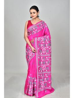 Ramshyam Collection - Womens Kantha Silk Floral Thread Work Pink Saree with Unstitched Blouse