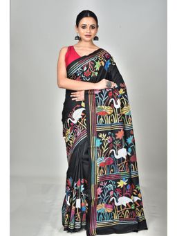 Ramshyam Collection - Womens Kantha Silk Embroidered Thread Work Black Saree with Unstitched Blouse