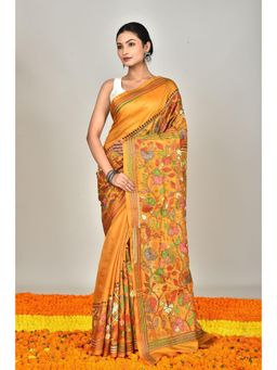 Ramshyam Collection - Womens Kantha Silk Floral Yellow Saree with Unstitched Blouse