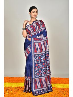 Ramshyam Collection - Womens Kantha Silk Embroidered Thread Work Blue Saree with Unstitched Blouse