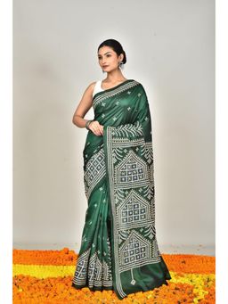 Ramshyam Collection - Womens Kantha Silk Printed Green Saree with Unstitched Blouse