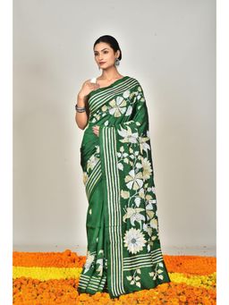 Ramshyam Collection - Womens Kantha Silk Floral Green Saree with Unstitched Blouse