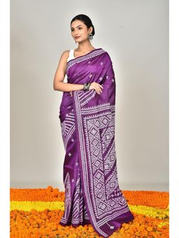 Ramshyam Collection - Womens Kantha Silk Printed Purple Saree with Unstitched Blouse