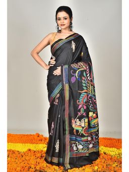 Ramshyam Collection - Womens Kantha Silk Printed Black Saree with Unstitched Blouse