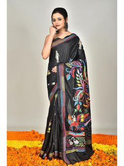 Ramshyam Collection - Womens Kantha Silk Printed Black Saree with Unstitched Blouse
