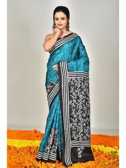 Ramshyam Collection - Womens Kantha Silk Printed Thread Work Blue Saree with Unstitched Blouse