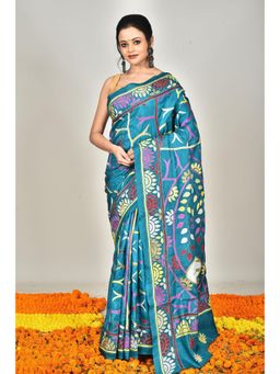 Ramshyam Collection - Womens Kantha Silk Printed Blue Saree with Unstitched Blouse