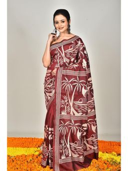 Ramshyam Collection - Womens Kantha Silk Printed Maroon Saree with Unstitched Blouse