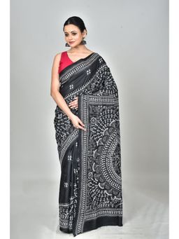 Ramshyam Collection - Womens Kantha Silk Printed Black Saree with Unstitched Blouse