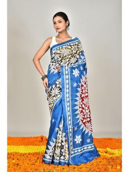 Ramshyam Collection - Womens Kantha Silk Printed Blue Saree with Unstitched Blouse