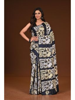 Ramshyam Collection - Womens Kantha Silk Floral Thread Work Navy Blue Saree with Unstitched Blouse