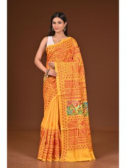 Ramshyam Collection - Womens Kantha Silk Printed Mustard Saree with Unstitched Blouse