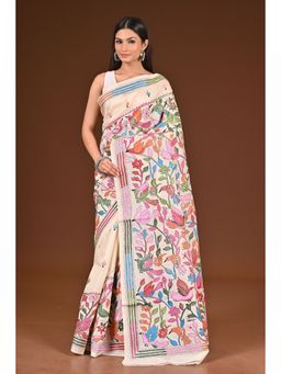 Ramshyam Collection - Womens Kantha Silk Embroidered Thread Work White Saree with Unstitched Blouse