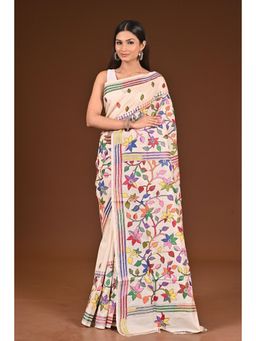 Ramshyam Collection - Womens Kantha Silk Embroidered Thread Work Beige Saree with Unstitched Blouse