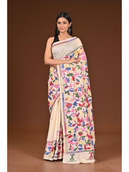 Ramshyam Collection - Womens Kantha Silk Embroidered Thread Work Beige Saree with Unstitched Blouse