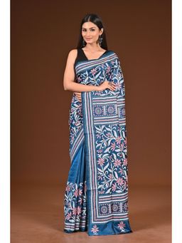 Ramshyam Collection - Womens Kantha Silk Embroidered Thread Work Blue Saree with Unstitched Blouse