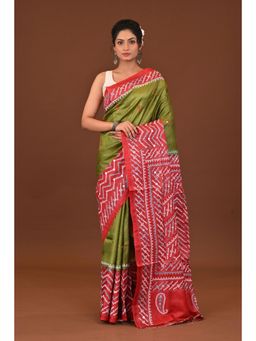 Ramshyam Collection - Womens Kantha Silk Printed Green Saree with Unstitched Blouse
