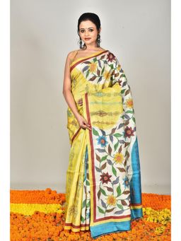Ramshyam Collection - Womens Kantha Silk Embroidered Thread Work Yellow Saree with Unstitched Blouse