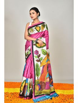 Ramshyam Collection - Womens Kantha Silk Printed Pink Saree with Unstitched Blouse