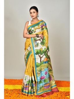 Ramshyam Collection - Womens Kantha Silk Printed Yellow Saree with Unstitched Blouse