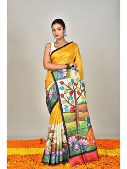 Ramshyam Collection - Womens Kantha Silk Printed Thread Work Yellow Saree with Unstitched Blouse