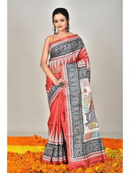 Ramshyam Collection - Womens Kantha Silk Embroidered Printed Coral Saree with Unstitched Blouse