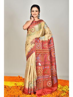 Ramshyam Collection - Womens Kantha Silk Printed Thread Work Beige Saree with Unstitched Blouse