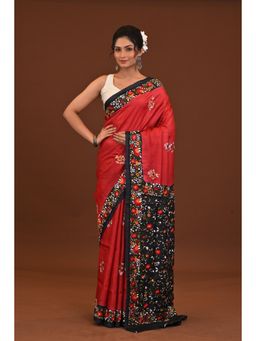 Ramshyam Collection - Womens Silk Floral Embroidered Red Saree with Unstitched Blouse