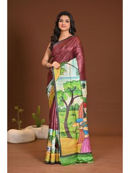 Ramshyam Collection - Womens Tussar Silk Printed Maroon Saree with Unstitched Blouse