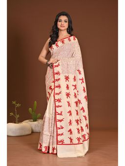 Ramshyam Collection - Womens Tussar Silk Printed Beige Saree with Unstitched Blouse