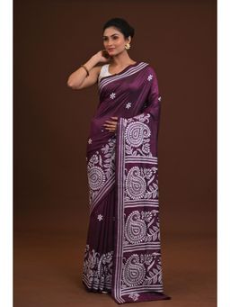Ramshyam Collection - Womens Kantha Art Silk Thread Work Purple Saree with Unstitched Blouse