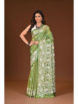 Ramshyam Collection - Womens Kantha Silk Blend Floral Thread Work Green Saree with Unstitched Blouse