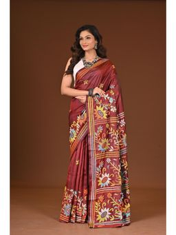 Ramshyam Collection - Womens Kantha Silk Blend Thread Work Maroon Saree with Unstitched Blouse