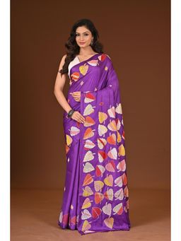 Ramshyam Collection - Womens Kantha Silk Blend Thread Work Purple Saree with Unstitched Blouse