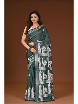 Ramshyam Collection - Womens Kantha Silk Blend Thread Work Green Saree with Unstitched Blouse