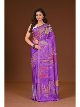 Ramshyam Collection - Womens Kantha Silk Blend Thread Work Purple Saree with Unstitched Blouse