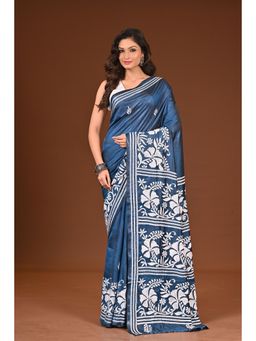 Ramshyam Collection - Womens Kantha Silk Blend Thread Work Blue Saree with Unstitched Blouse