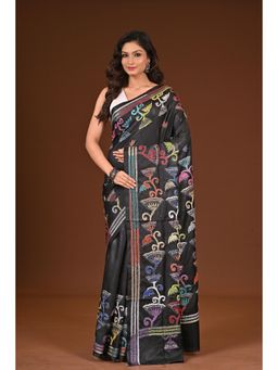 Ramshyam Collection - Womens Kantha Silk Blend Thread Work Black Saree with Unstitched Blouse